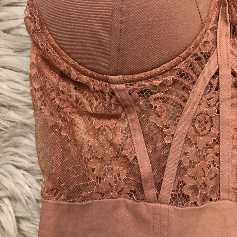Haute Monde Corset Lace See Through Bodycon Flirty Coral Pink Mini Dress size L - Picture 5 of 13